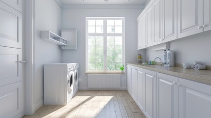 Fototapeta premium 3D Interior of Laundry Room with White Color Theme