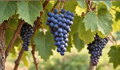 Naklejka premium Vibrant Purple Grapes in Lush Vineyard Setting