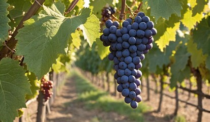 Fototapeta premium Vibrant Purple Grapes in Lush Vineyard Setting