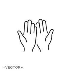 hand asking for alms icon, hand icon, human crossed palms, donation or help concept, thin line symbol isolated on white background, editable stroke eps 10 vector illustration