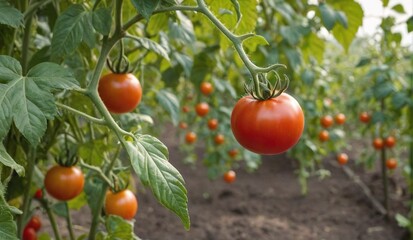 Vibrant Red Tomato on Vine with Lush Green Foliage