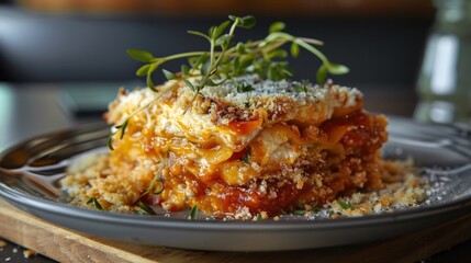 A beautifully plated tempura lasagna topped with fresh herbs and a sprinkle of cheese, showcasing a delightful fusion of Italian and Japanese cuisine