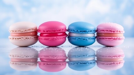 Vibrant macarons on reflective surface, creating a sweet and colorful dessert scene