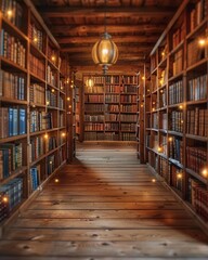 Neatly arranged books on library shelves, soft warm light, front view, cozy and scholarly setting