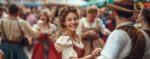 Obraz premium Group of people in festive attire enjoying traditional Bavarian dances at Oktoberfest.