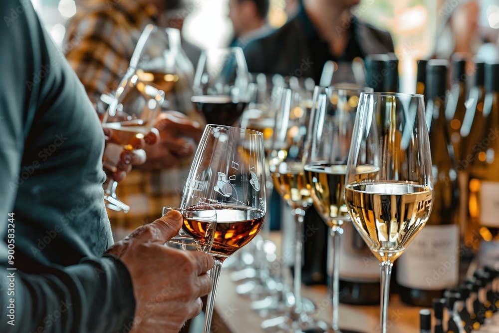 Wall mural wine tasting event with guests holding glasses and chatting