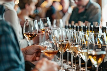  wine tasting event with guests holding glasses and chatting, with a selection of wines on display, 
