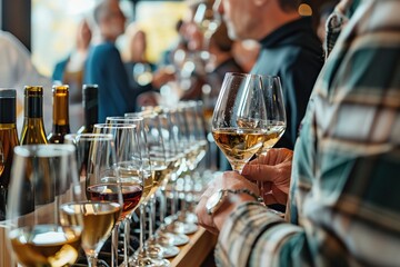 wine tasting event with guests holding glasses and chatting, with a selection of wines on display