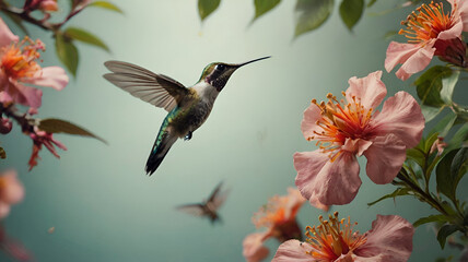 branches, flowers, leaves  and a flying hummingbird floral background, photography