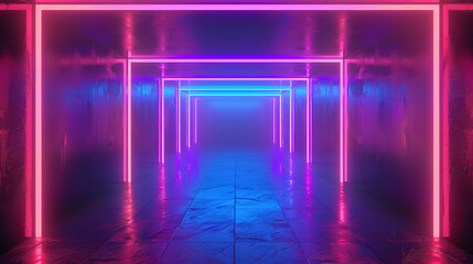 Futuristic Neon Corridor with Glowing Light Frames and Reflective Floor