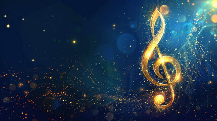 International Strange Music Day. World Music Day. Abstract background with golden music note and light effect on blue background. Concept of musical and concert banner or poster. Copy space area 