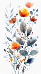 Naklejka premium Abstract vector art of watercolor flowers and leaves, branches in boho style, diverse colors, white background, floral clipart, ethereal and fluid