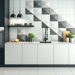 Modern kitchen with geometric tiles, 3D isometric render, modern pattern