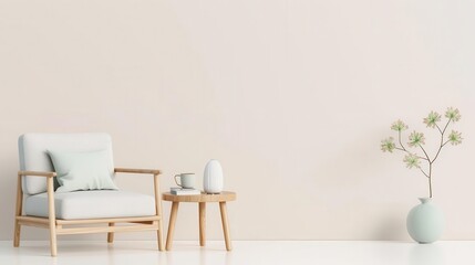 Scandinavian living room with light wood furniture, 3D isometric render, clean and airy