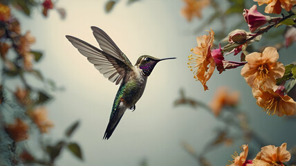 Fototapeta premium branches, flowers, leaves and a flying hummingbird floral background, photography