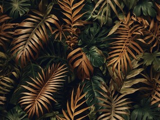 Textured wallpaper with brown tropical leaves pattern