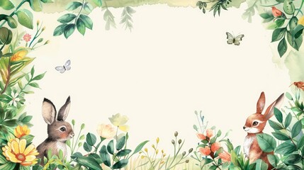 Fototapeta premium Watercolor frame with cute plants and animals, offering space for your personalized message.