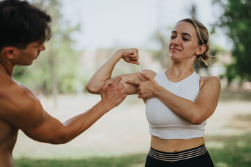 Smiling woman shows off her bicep while a supportive male friend points to it, emphasizing fitness, friendship, and encouragement outdoors.