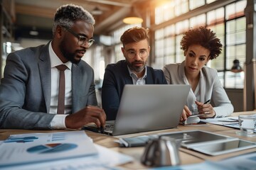 Strategic Collaboration: A diverse business team huddles around a laptop, intensely focused on data analysis and project planning in their modern office. - Powered by Adobe