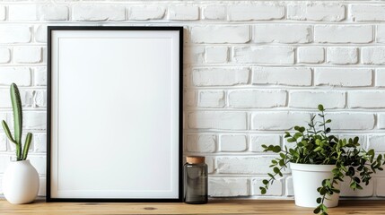 A black framed white picture sits on a wooden shelf next to a potted plant