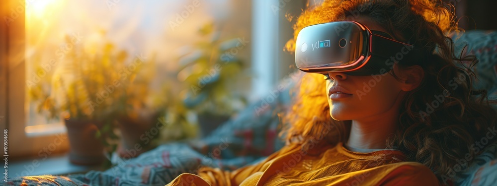 Wall mural Woman Experiencing Virtual Reality Therapy. A woman engaged in virtual reality, possibly as a modern therapeutic method to enhance mental health and cognitive functions 