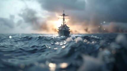 A battleship navigating through rough seas, with dramatic clouds and sunlight breaking through in the background, creating a powerful scene.