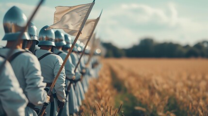 Naklejka premium Medieval soldiers in armor marching through a wheat field carrying banners, with a scenic countryside background.