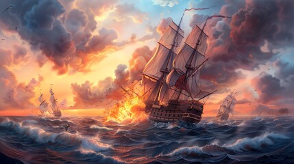 Dramatic naval battle between sailing ships amidst fiery explosions and stormy seas, with a vibrant sunset in the background.
