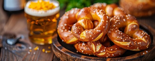 Plate of savory pretzels served with mustard and cheese at Oktoberfest.
