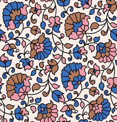 Indian Floral Seamless Vector Pattern, Vintage Oriental flowers Motif Print for Chintz fabric or Batik Indonesia Sarong, Arabesque Design for Blanket, Wallpaper, Rug, Textile, Clothing