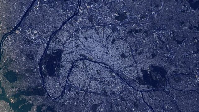 Paris France city sunrise time lapse flying satellite view, animation based on Nasa images