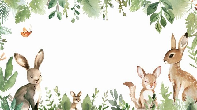 Watercolor frame with cute plants and animals, perfect for any message.