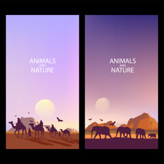 African animal safari walk trough the savanah, jungle silhouette on landscape vector illustration background. Wildlife and nature collection.