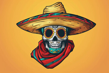 Decorative skull with colorful floral eye sockets and a wide-brimmed sombrero, draped with a vibrant red scarf, set against a yellow background. Day of the Dead concept