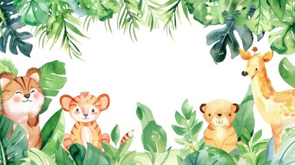 Whimsical watercolor animals among plants, forming a frame with room for your text.