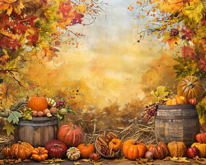 thanksgiving fall autumn background or backdrop for photos or wallpaper with pumpkins and barrels and beautiful colored leaves