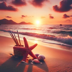 Fototapeta na wymiar Starfish on holidays. Summer holidays - starfish on the sunset sea sand draw.