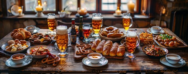 Rustic wooden table set with traditional Bavarian dishes, beer steins, and pretzels at Oktoberfest.