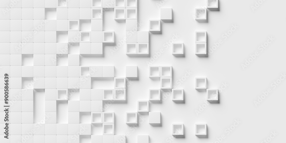 Poster white cube boxes block background, some open with frame, flat lay top view from above with copy spac