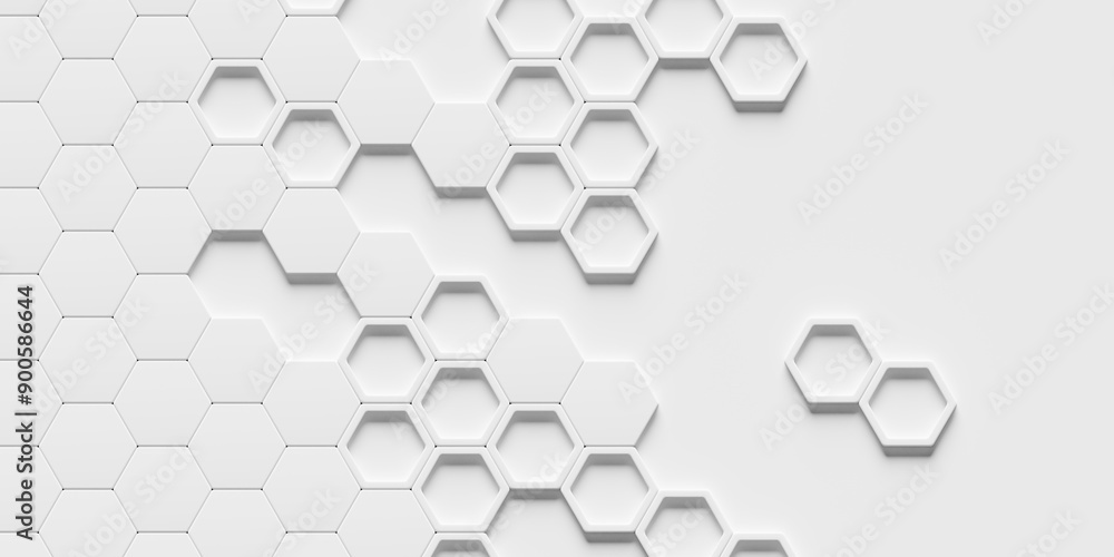 Aufkleber White cube hexagon honeycomb background, some open with frame, flat lay top view from above with copy space