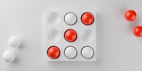 Red and white balls tic tac toe game with red winning on white background, flat lay top view from above