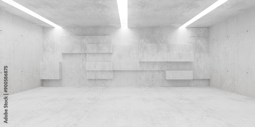 Poster abstract empty, modern concrete room with vertical ceiling lights, random offset block back wall and