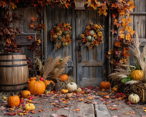 thanksgiving fall autumn background or backdrop with doors and pumpkins 