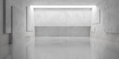 Obraz premium Abstract empty, modern concrete room with recess or niche with ceiling light, random offset block walls and shiny floor - industrial interior background template