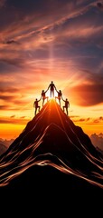 A group of people triumphantly standing on a mountain peak, showcasing unity and achievement against a stunning sunset.