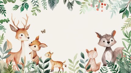 Obraz premium Whimsical watercolor frame with charming animals and lush plants, perfect for highlighting your message.