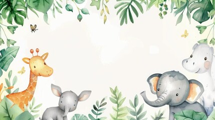 Obraz premium Whimsical watercolor frame with charming animals and lush plants, offering space for your message.