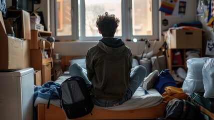 Overwhelmed College Student Surrounded by Unpacked Boxes and Bags in Dorm Room