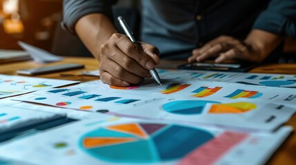 Fototapeta premium Closeup of Hand Analyzing Charts and Graphs Illustration