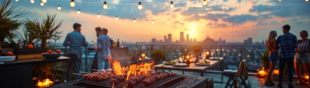A rooftop barbecue party with a cityscape view, friends gathered around a grill cooking skewers, and a lively, festive atmosphere